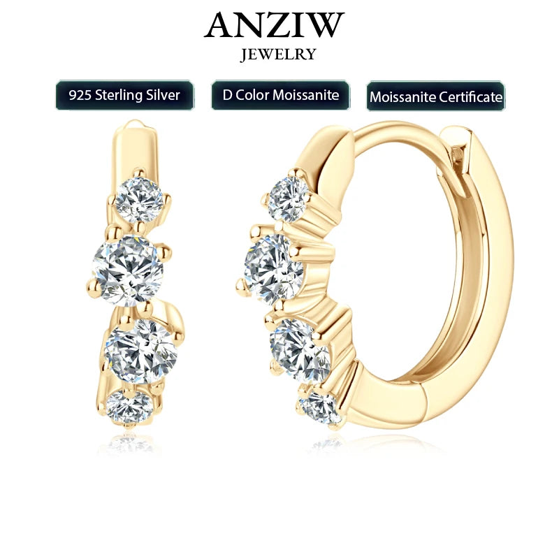 Anziw 925 Sterling Silver 4 Stones Moissanite Irregular  Hoops Huggie Earrings for Women 3mm&2mm Round Cut Lad Diamond Jewelry
