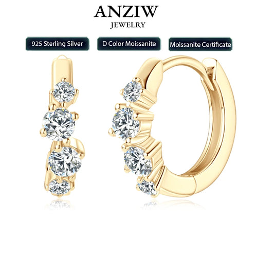 Anziw 925 Sterling Silver 4 Stones Moissanite Irregular  Hoops Huggie Earrings for Women 3mm&2mm Round Cut Lad Diamond Jewelry