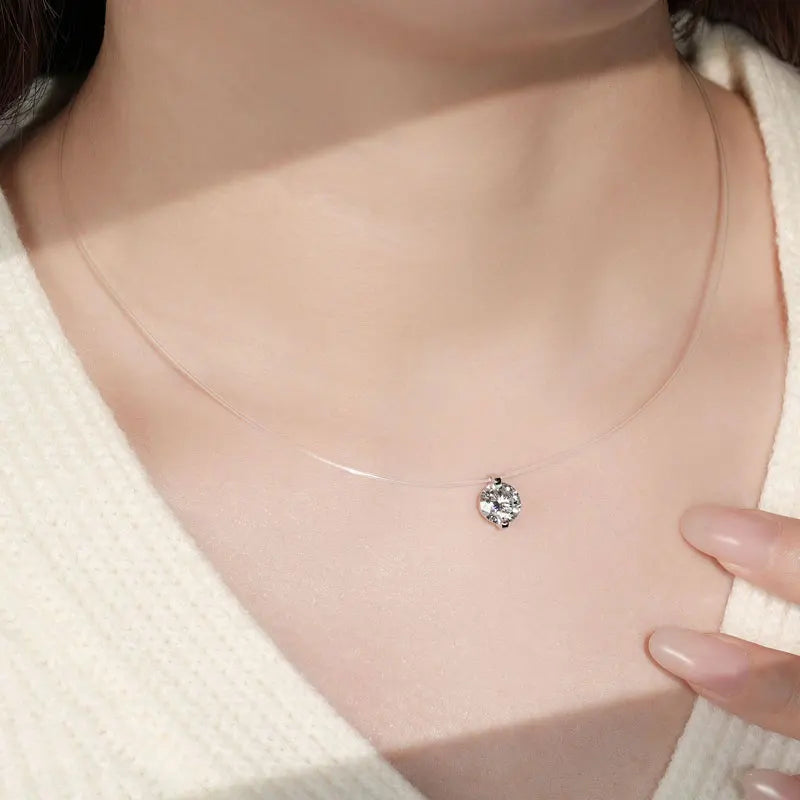 Anziw Trendy 3ct 1ct 0.5ct 2ct Moissanite Pendant Necklaces 925 Silver Adjustable Invisible Fish Line for Women Valentines Gift