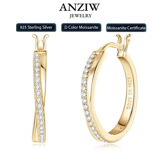 Anziw Classic Real Moissanite Hoop Earrings for Women 925 Silver 18K Gold Plated Clip Earrings Wedding Jewelry Gift 2024 New