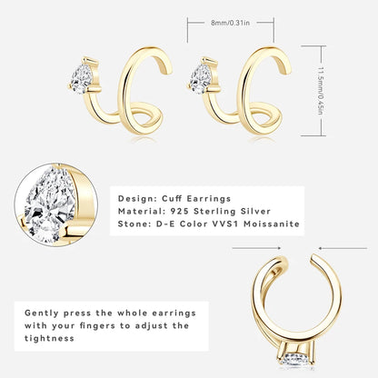 Anziw Ear Cuffs No Piercing Earring Real Pear Cut D0.30ct Moissanite Clip On Earrings 100% 925 Sterling Silver for Women Jewelry