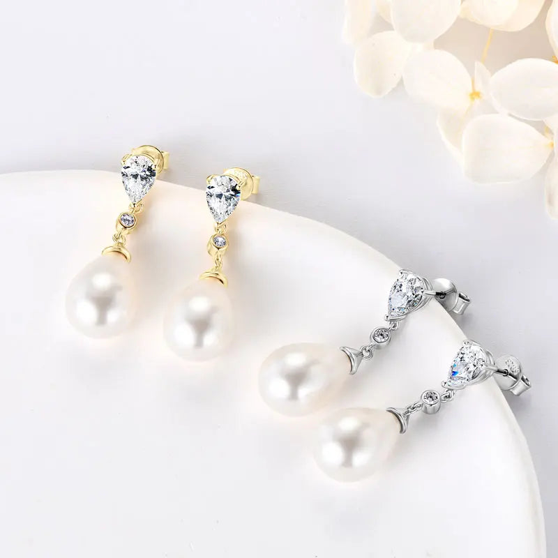 Anziw Elegant 925 Sterling Silver Earrings 13mm White Shell Pearl Drop Stud Earrings Engagement Wedding Fine Jewelry for Women
