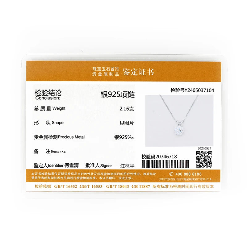 5CT 3CT 4CT 0.5CT 1CT 2CT D-E Moissanite Solitaire Pendant Necklace For Women Real 925 Silver Original Jewelry With Certificate
