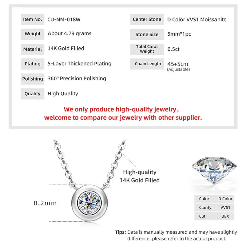 Anziw Solitaire 0.5CT 5MM D Color Bezel Moissanite Pendant Necklace for Women 14k Gold Filled Adjustable Chain Certified Jewelry