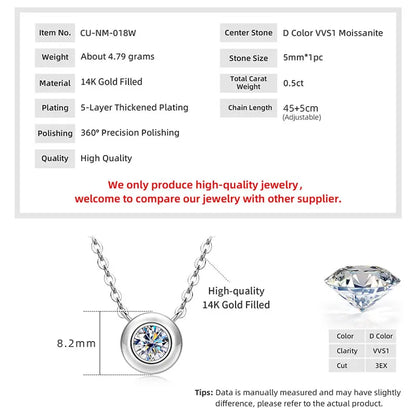 Anziw Solitaire 0.5CT 5MM D Color Bezel Moissanite Pendant Necklace for Women 14k Gold Filled Adjustable Chain Certified Jewelry