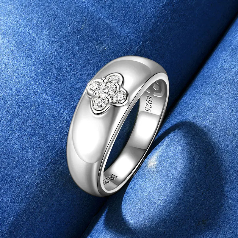 Anziw Trendy 925 Chunky Wide Ring Moissanite Clover Flower Finger Bands Thick Rings for Women S925 Silver Cute Jewelry Certified