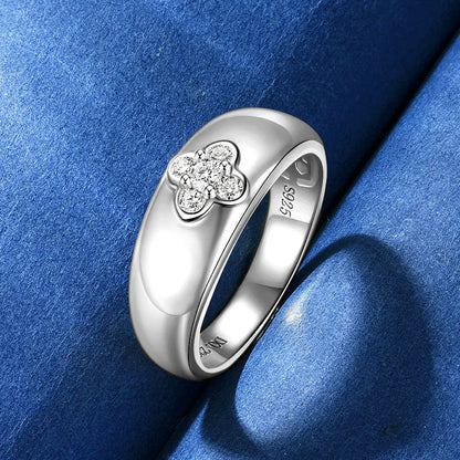 Anziw Trendy 925 Chunky Wide Ring Moissanite Clover Flower Finger Bands Thick Rings for Women S925 Silver Cute Jewelry Certified