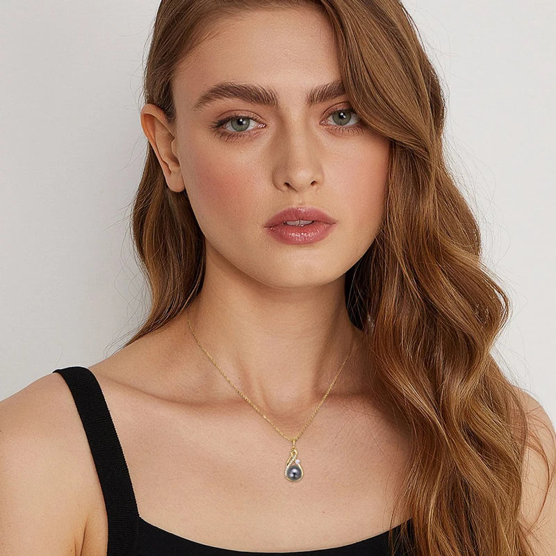 Anziw 10mm Freshwater/Tahitian Black Pearl Moissanite Infinity Pendant Necklace Silver 925 Wedding Jewelry for Women Gift 45+5cm