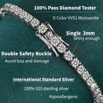 Anziw 3mm D Color VVS1 Moissanite Bracelet Original Certified 925 Silver Tennis Bracelets 18k Gold Plated for Women Man Jewelry