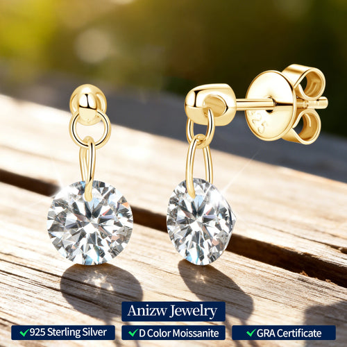 Anziw 925 Sterling Silver 6.5mm 2.0CTTW Moissanite Lab Diamond Drop Dangle Stud Earring for Women Wedding Jewelry Gifts 2026 New