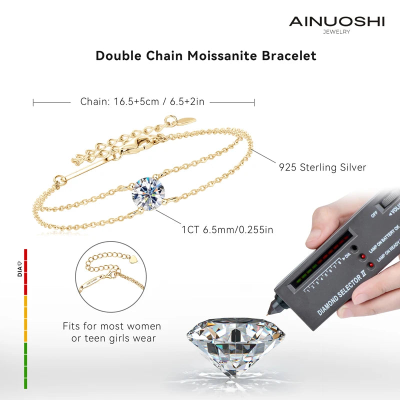Anziw Real 925 Silver Double Chain Bracelet 6.5mm 1.0ct D Color Moissanite Bracelets With GRA Certificate Jewelry for Women Gift