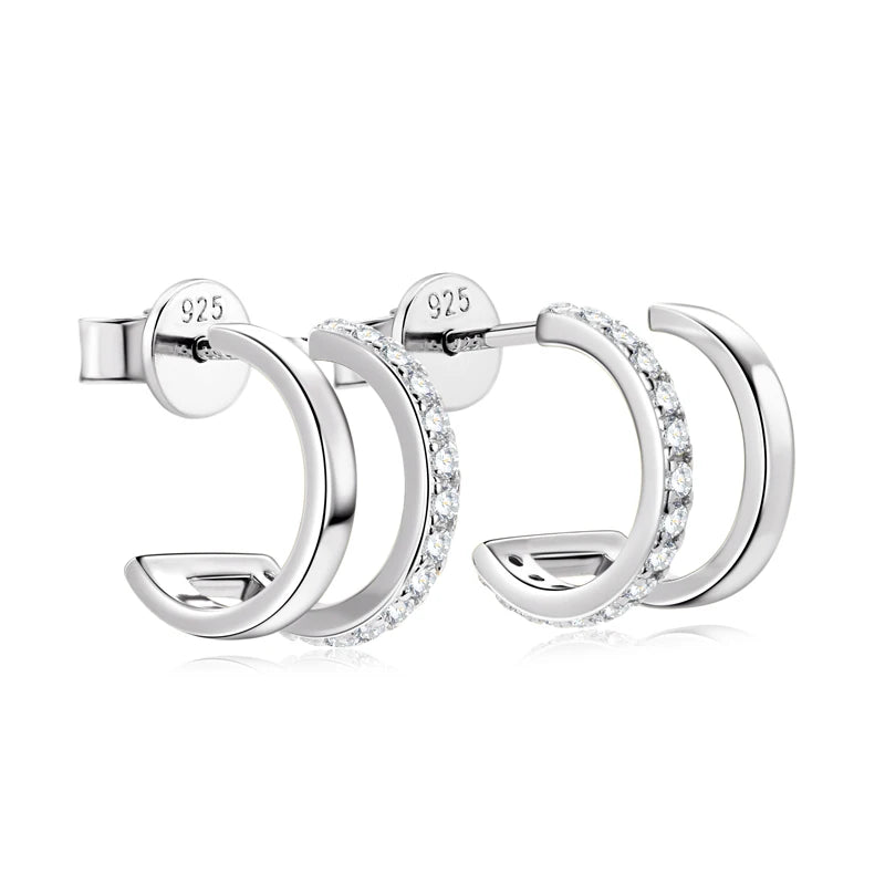 Anziw NEW 4mm Moissanite Piercing Stud Ear Cuffs 925 Sterling Silver Double Side Hoop Earrings for Women Illusion Jewelry Gifts