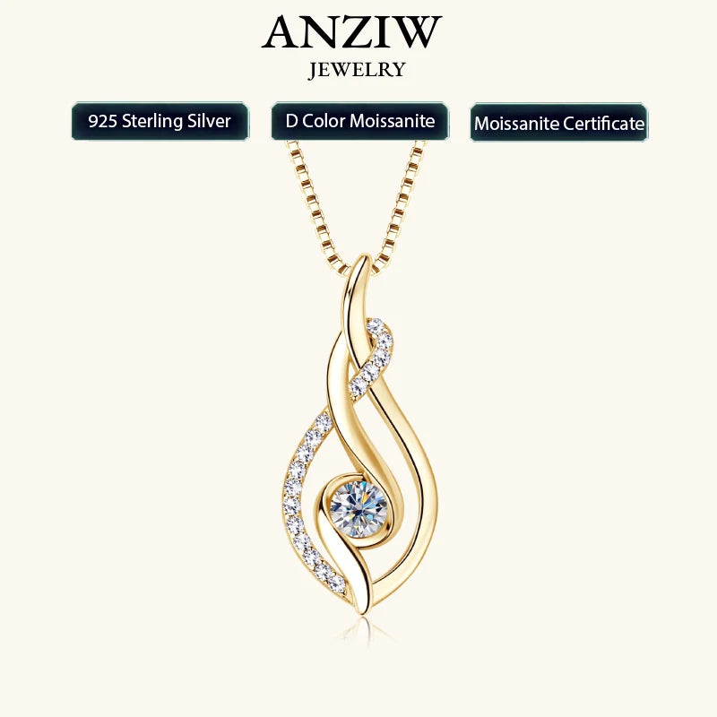 Anziw 925 Sterling Silver 4mm Round Moissanite Twist Pendant Necklace Gold Plated Sparking Diamond Party Jewelry for Women Gifts