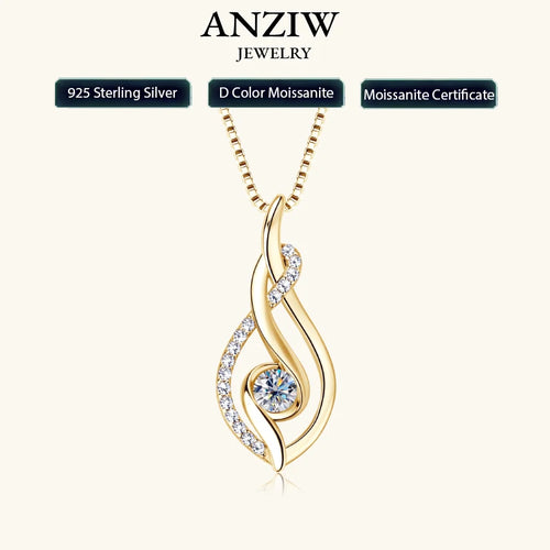 Anziw 925 Sterling Silver 4mm Round Moissanite Twist Pendant Necklace Gold Plated Sparking Diamond Party Jewelry for Women Gifts
