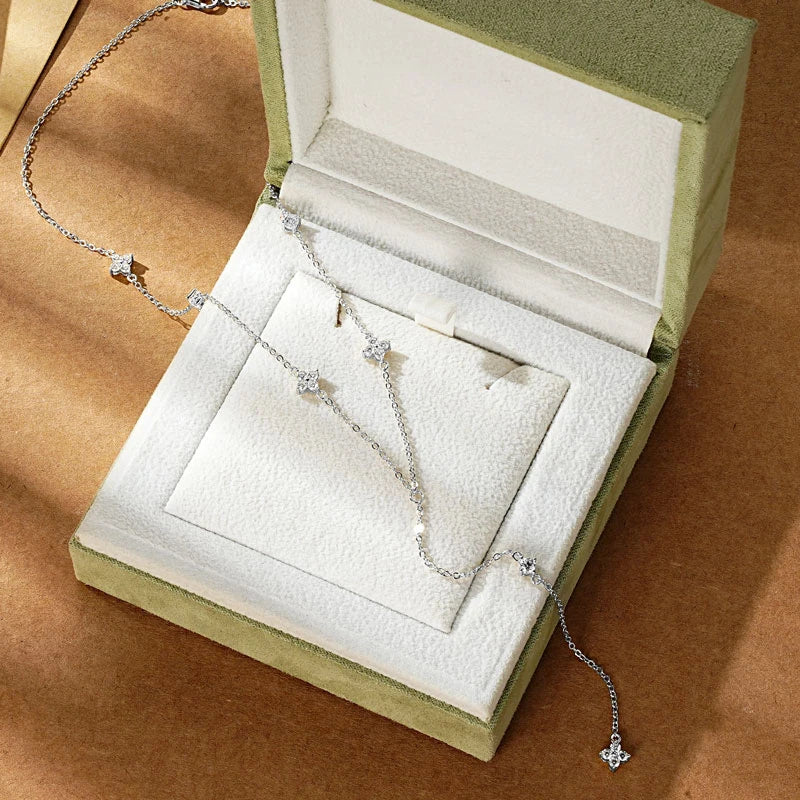 Anziw Moissanite Long Tassel Pendant Necklace 925 Silver Four Clover Flower Y Chain Necklace for Women Valentine Gift Trend 2024