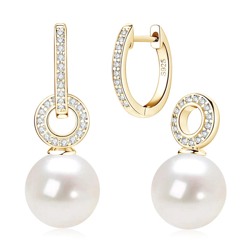Anziw Real 925 Sterling Silver Hoop Earrings 9-10mm White Shell Pearl Drop Earring Detachable Wedding Party Jewelry for Women