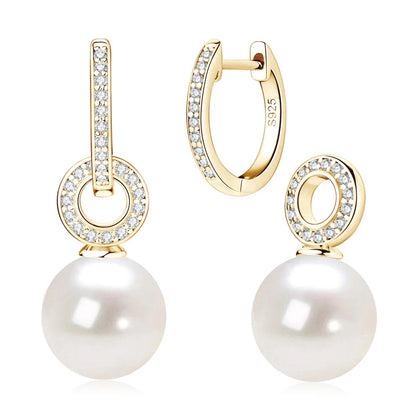 Anziw Real 925 Sterling Silver Hoop Earrings 9-10mm White Shell Pearl Drop Earring Detachable Wedding Party Jewelry for Women