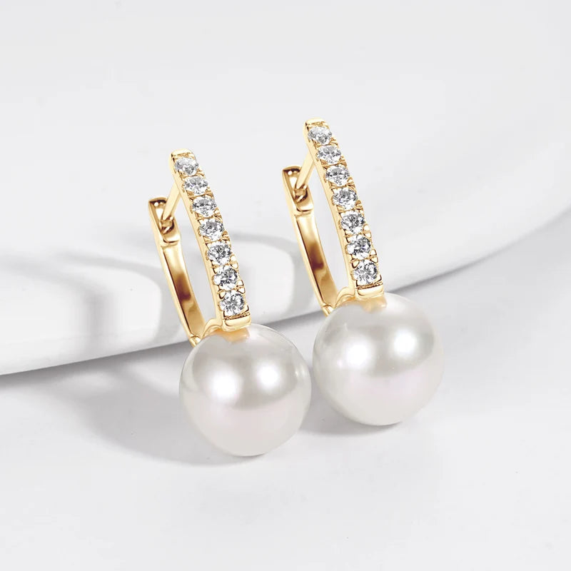 Real 925 Sterling Silver Hoops for Women 10mm Natural Freshwater Pearl Drop Earrings with 1.8mm Moissanite Diamond Jewelry Gifts