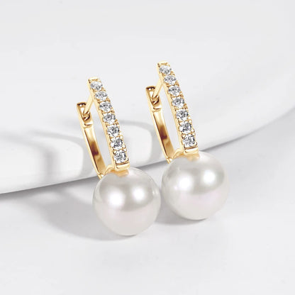 Real 925 Sterling Silver Hoops for Women 10mm Natural Freshwater Pearl Drop Earrings with 1.8mm Moissanite Diamond Jewelry Gifts