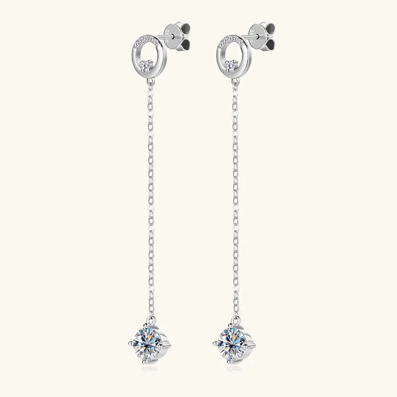 Anziw 6.5mm 1.0ct D Moissanite Drop Earrings for Women 925 Silver Circle Stud Long Chain Dangle Earrings Certified Jewelry Gifts