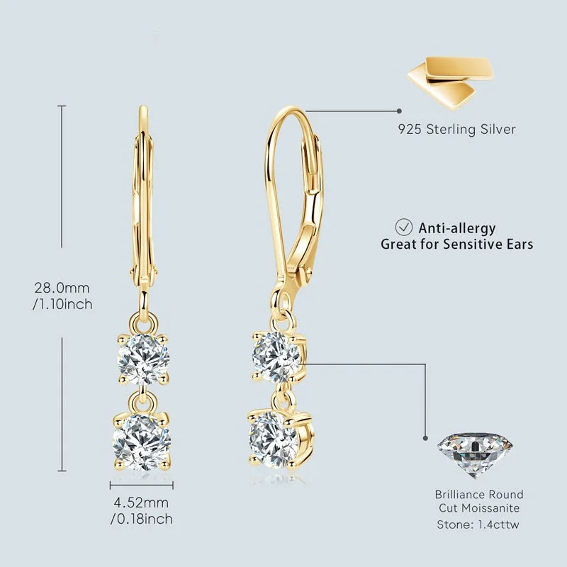 Anziw 42mm Long Dangle D Moissanite Drop Earrings for Women 925 Sterling Silver Hoop Clip Earrings Wedding Fine Jewelry Gift