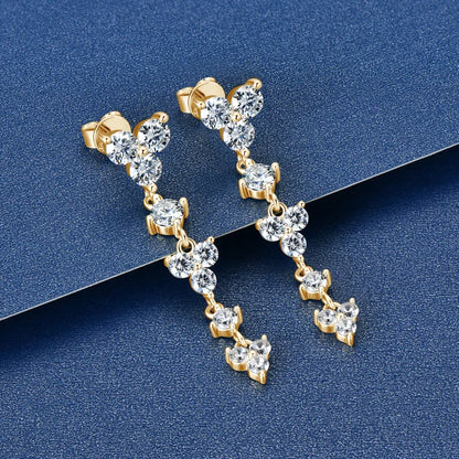 Real 925 Silver 4mm D Color Moissanite Long Drop Earrings Piercing Studs Wedding Party Fine Jewelry for Women 2024 Trend Gift
