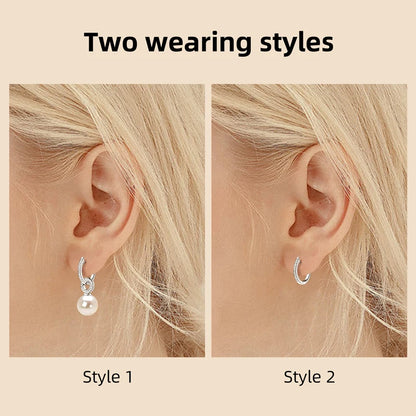 Anziw Real 925 Sterling Silver Hoop Earrings 9-10mm White Shell Pearl Drop Earring Detachable Wedding Party Jewelry for Women