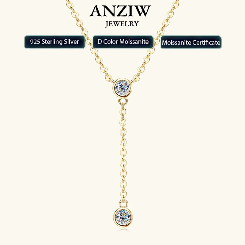 Anziw 3mm D Color Moissanite Y Shape Long Pendant Necklace for Women Adjustable Chain 100% 925 Silver Jewelry Trendy 2025 Gifts