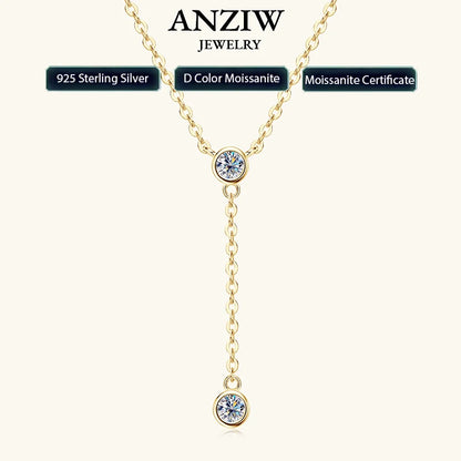 Anziw 3mm D Color Moissanite Y Shape Long Pendant Necklace for Women Adjustable Chain 100% 925 Silver Jewelry Trendy 2025 Gifts