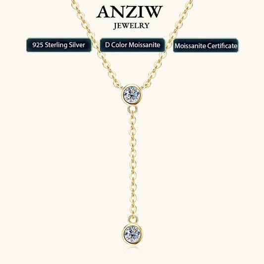 Anziw 3mm D Color Moissanite Y Shape Long Pendant Necklace for Women Adjustable Chain 100% 925 Silver Jewelry Trendy 2025 Gifts