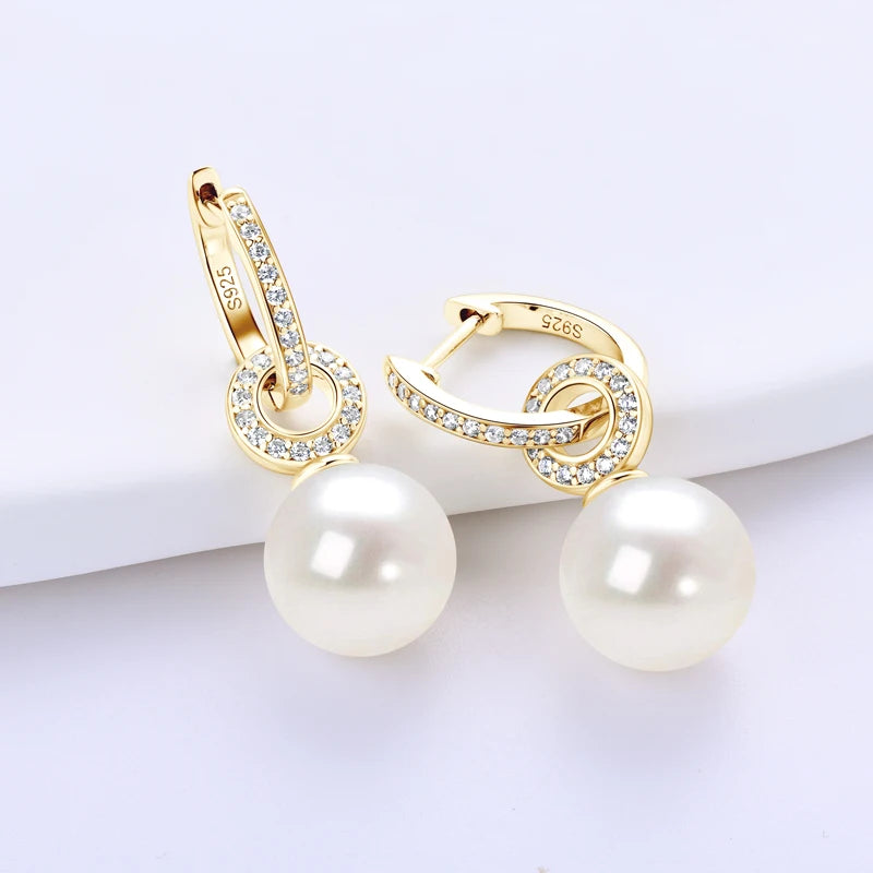 Anziw Real 925 Sterling Silver Hoop Earrings 9-10mm White Shell Pearl Drop Earring Detachable Wedding Party Jewelry for Women