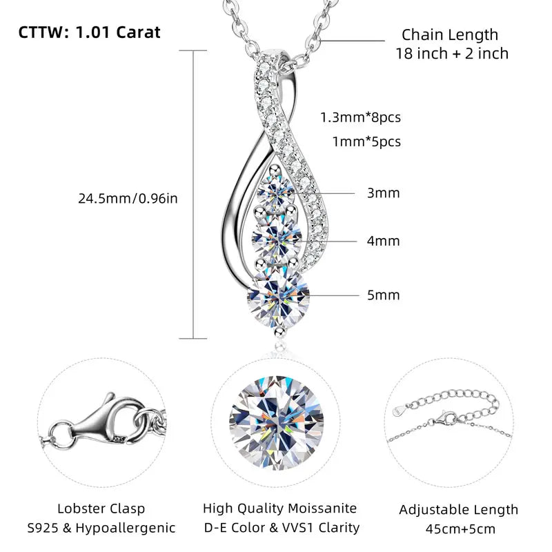 Anziw 925 Sterling Silver Fashion All Moissanite Infinity Pendant Necklace Women's Adjustable S925 Chain Wedding Christmas Gift