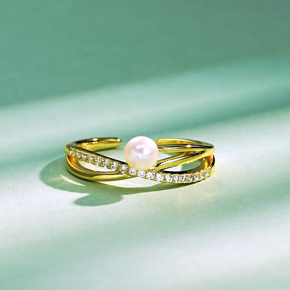 ANZIW s925 4-4.5mm Natural Freshwater Pearl Cross Rings for Women 925 Sterling Silver Trendy Opening Bands Ring Finger Jewelry