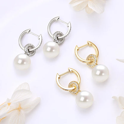 Anziw Real 925 Sterling Silver Hoop Earrings 9-10mm White Shell Pearl Drop Earring Detachable Wedding Party Jewelry for Women