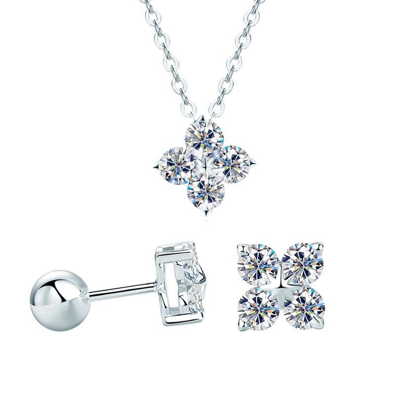 Anziw Lucky Clover Flower 3mm Moissanite Jewelry Set 925 Silver Pendant Necklace Stud Earrings for Women S925 Charm Fine Jewelry