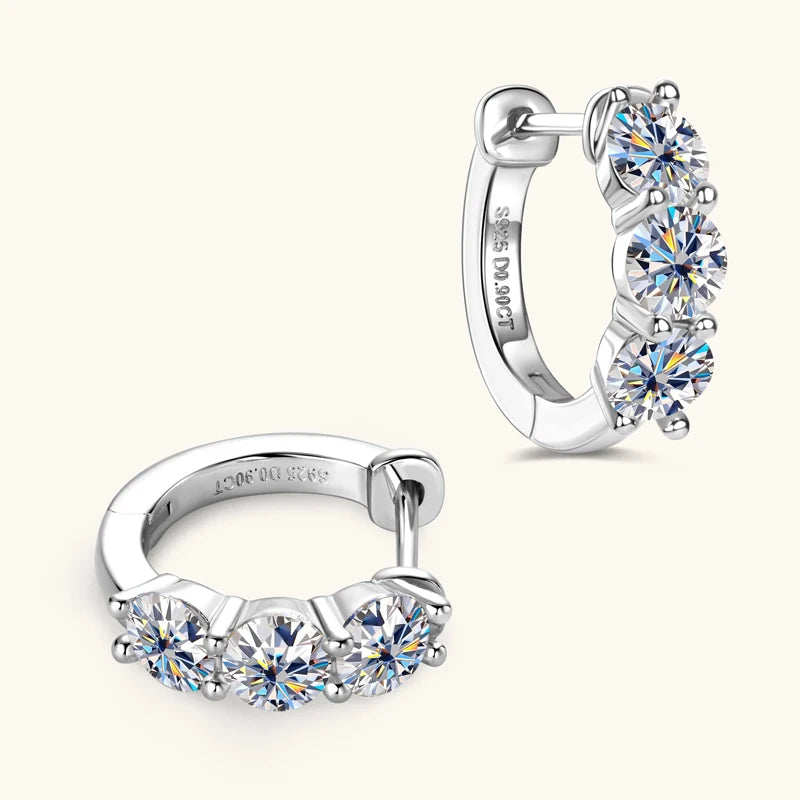 2024 New Three Stone Earrings Real 925 Sterling Silver 4mm Round Moissanite Hoop Earrings for Women Jewelry Gift Valentine Day