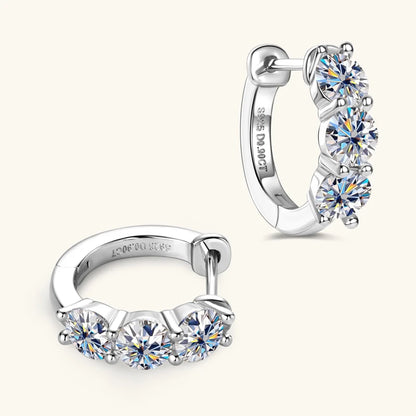 2024 New Three Stone Earrings Real 925 Sterling Silver 4mm Round Moissanite Hoop Earrings for Women Jewelry Gift Valentine Day