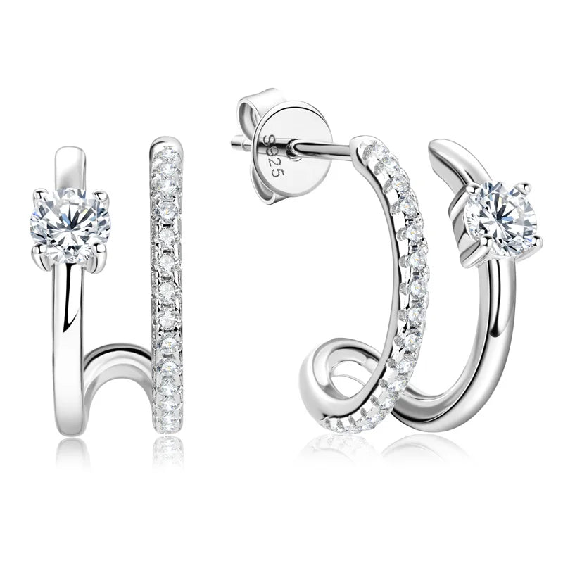 Anziw NEW 4mm Moissanite Piercing Stud Ear Cuffs 925 Sterling Silver Double Side Hoop Earrings for Women Illusion Jewelry Gifts