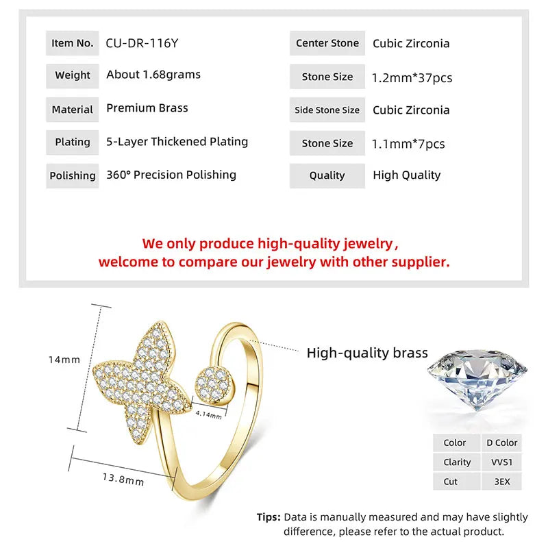 Anziw 14K Gold Filled Exquisite Butterfly Open Rings Micro Inlay Cubic Zirconia Ring for Women Wedding Party 2026 Tendy Jewelry