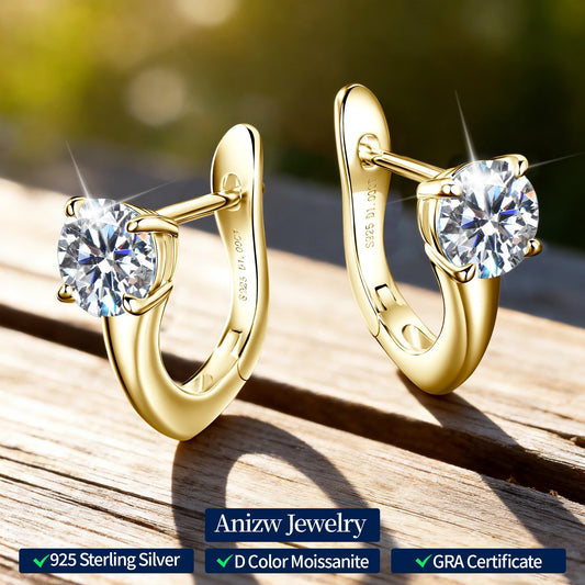 Anziw Certified D Color 1.0CT 6.5mm Moissanite Hoop Earrings 925 Silver Earring Lab Diamond Huggies for Women Fine Jewelry Gifts