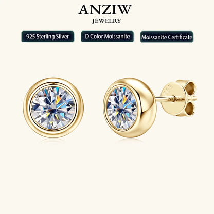 Anziw Bezel 5mm 6.5mm 1CT D Color Moissanite Earrings 925 Sterling Silver Plated K Gold Earrings for Men Women Gift Valentine's