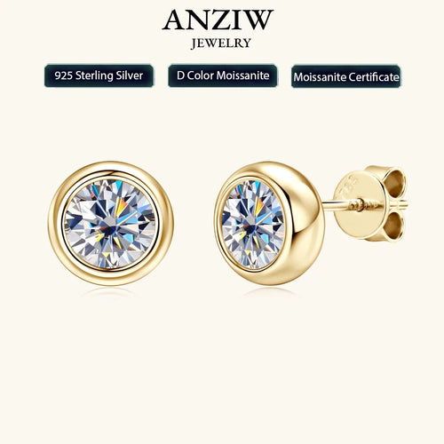 Anziw Bezel 5mm 6.5mm 1CT D Color Moissanite Earrings 925 Sterling Silver Plated K Gold Earrings for Men Women Gift Valentine's