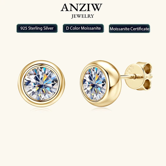Anziw Bezel 5mm 6.5mm 1CT D Color Moissanite Earrings 925 Sterling Silver Plated K Gold Earrings for Men Women Gift Valentine's
