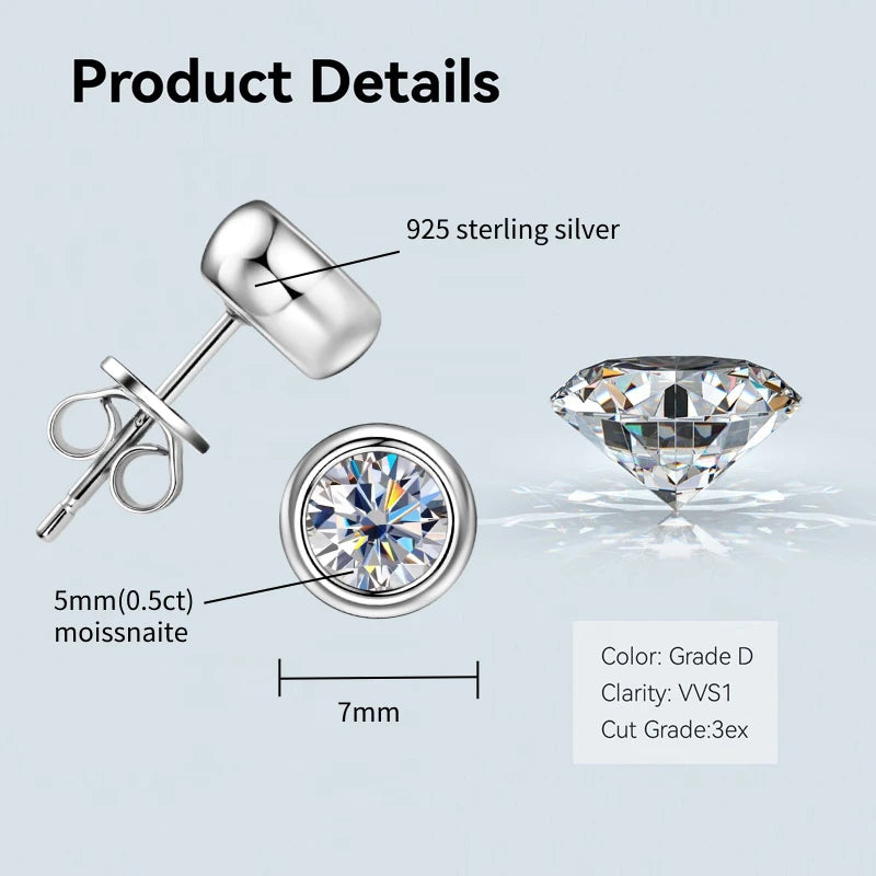 Anziw Bezel 5mm 6.5mm 1CT D Color Moissanite Earrings 925 Sterling Silver Plated K Gold Earrings for Men Women Gift Valentine's