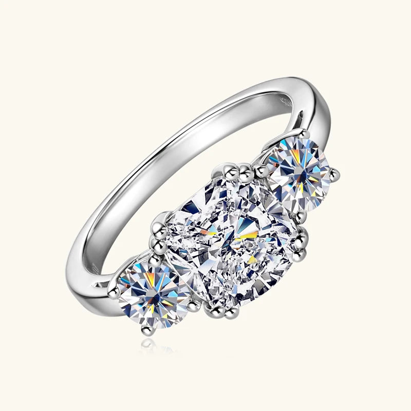 Anziw 3.5CTTW. Cushion & Round Moissanite Ring 925 Silver 3 Stone Engagement Wedding Promise Rings For Women Finger Jewelry D-E