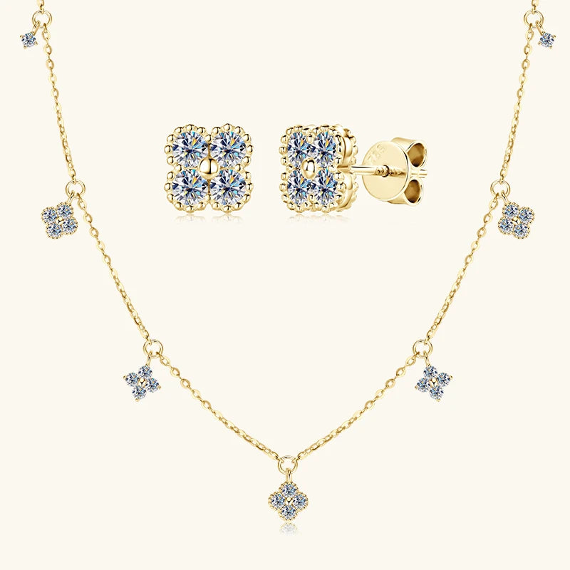 Anziw 3mm D Moissanite Jewelry Set Clover Flower Pendant Necklace Earrings Bracelet 3 in 1 Sets for Women 925 Silver Charm Gifts