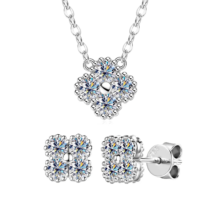 Anziw Lucky Clover Flower 3mm Moissanite Jewelry Set 925 Silver Pendant Necklace Stud Earrings for Women S925 Charm Fine Jewelry