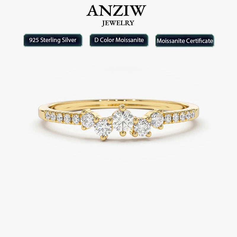 Anziw Delicate Moissanite Ring Real 925 Silver for Women Dainty Thin Finger Ring Wedding Engagement Jewelry Fashion Accessories