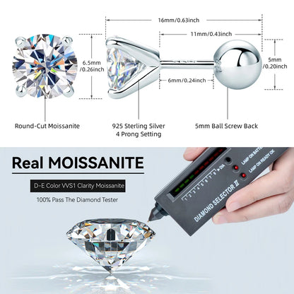 Anziw 2.0ctw D Color Moissanite Earrings Studs Original 925 Silver Earrings Ball Screw Back Jewelry for Women Men 6.5mm 1 Carat