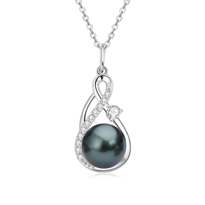 Anziw 10mm Freshwater/Tahitian Black Pearl Moissanite Infinity Pendant Necklace Silver 925 Wedding Jewelry for Women Gift 45+5cm